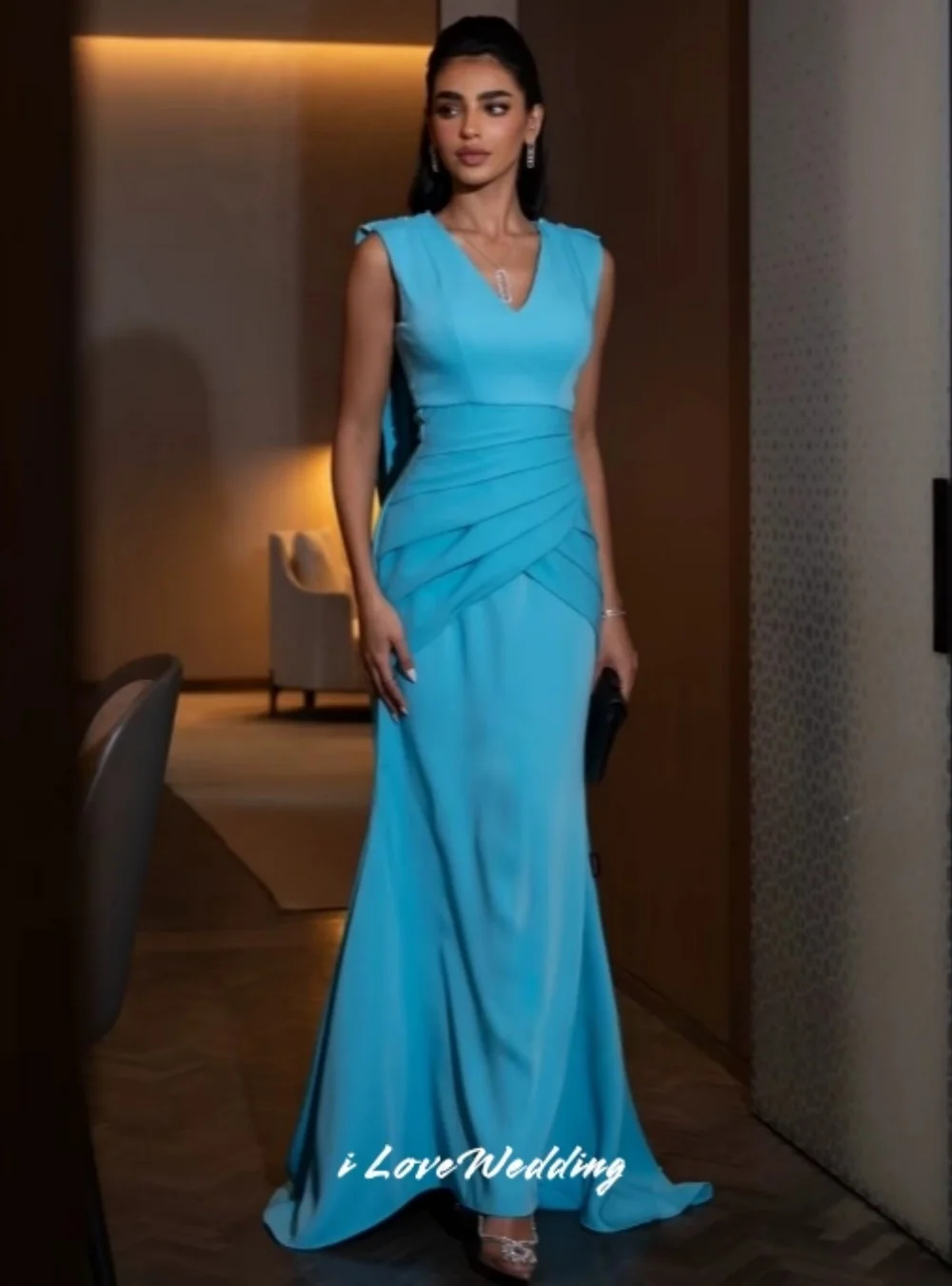 Blue V-Neck Evening Dresses 2025 Satin Sleeveless Pleated Mermaid Backless Classic Floor-Length Wedding Party Dresses Customized