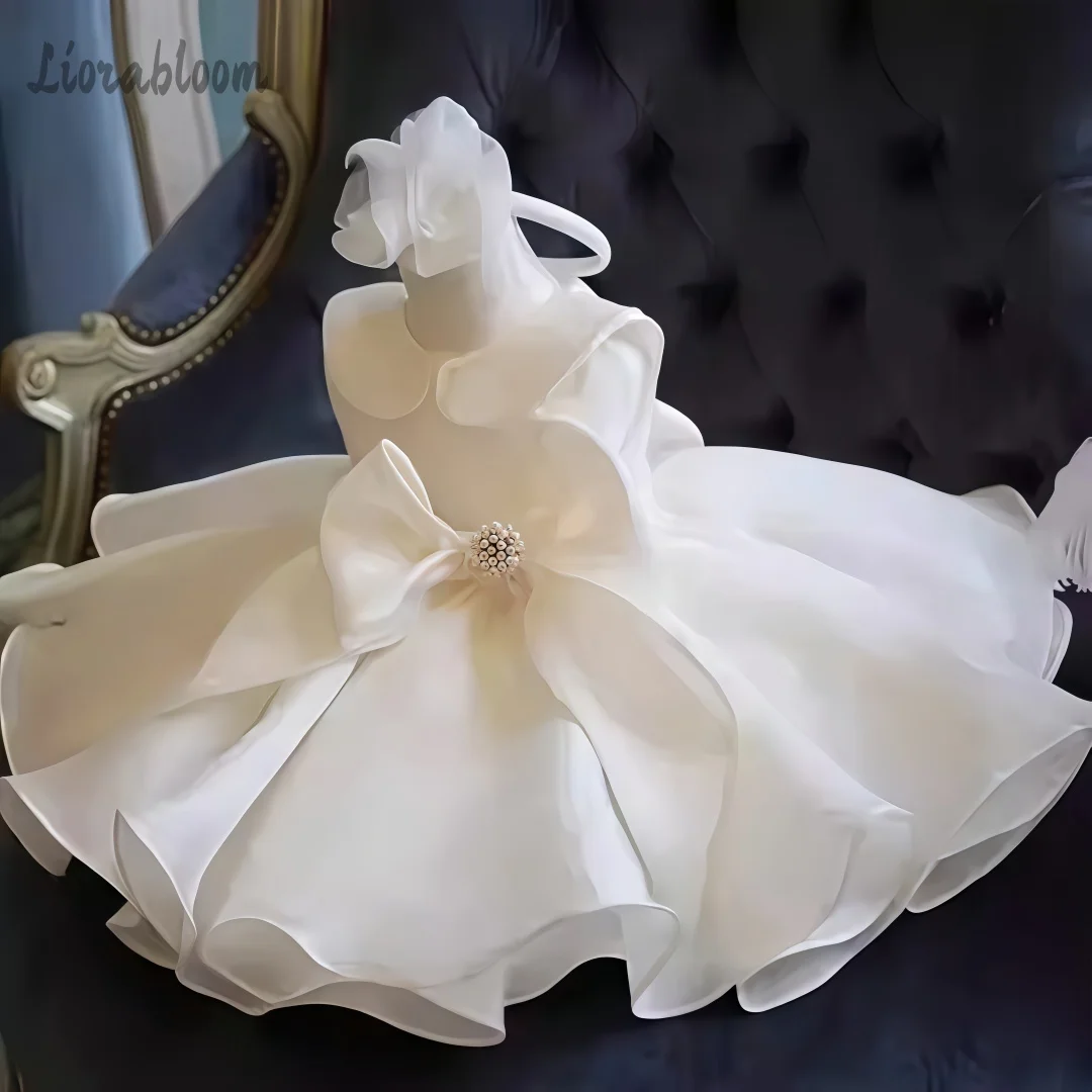 Vestido Blanco con Adornos de Perlas para Niña de las Flores, Vestido de Fiesta Elegante y Formal