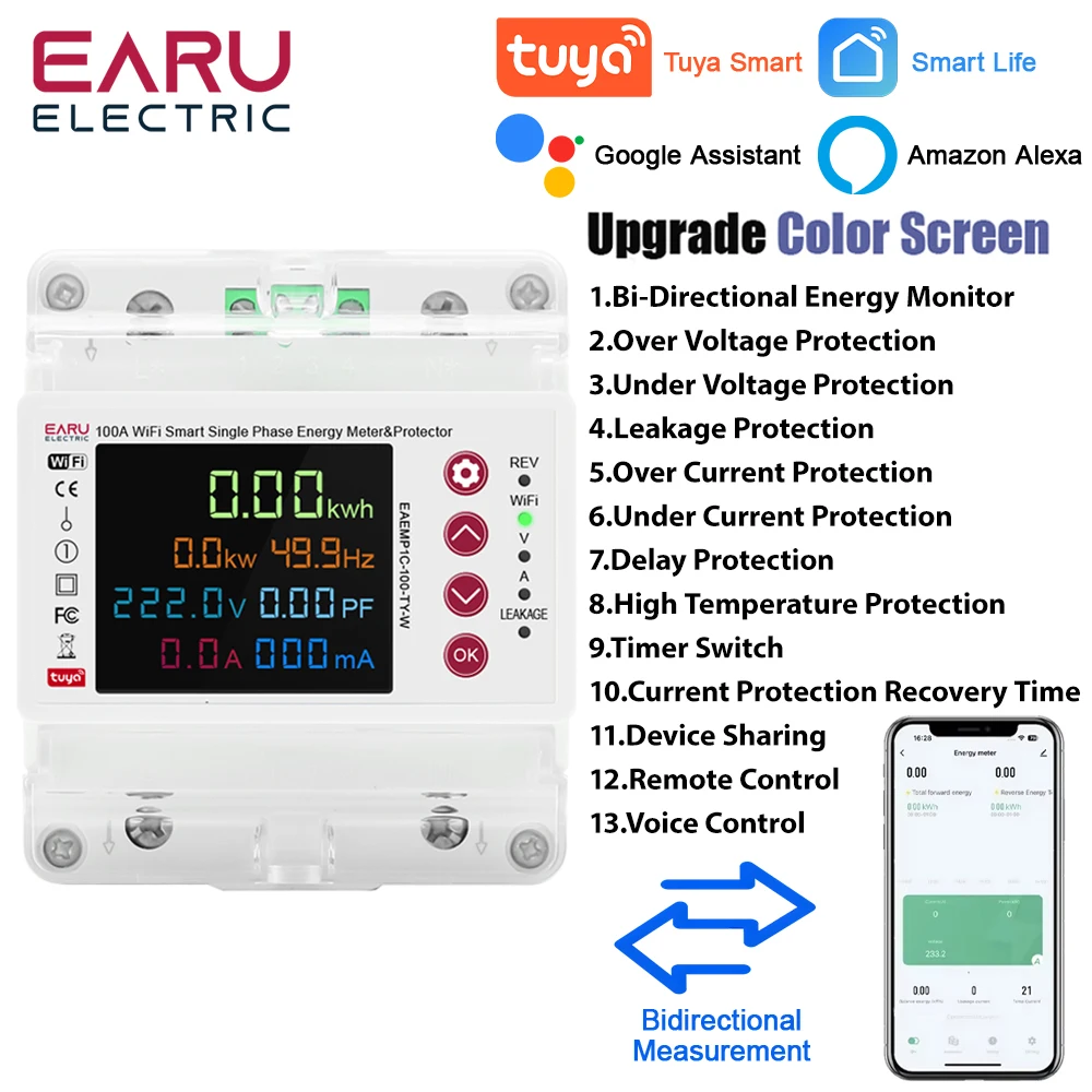 

Tuya WiFi Smart Bidirectional Energy Meter Power kWh Meter Earth Leakage Over Under Voltage Protector Timer Relay Switch Current