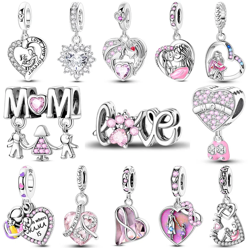 Novo Charm de Prata Esterlina 925 Mãe e Filho(a) de Mãos Dadas, Compatível com Pulseira Original de 3mm, Joia Exquisita DIY para Mulheres, Presente Diário