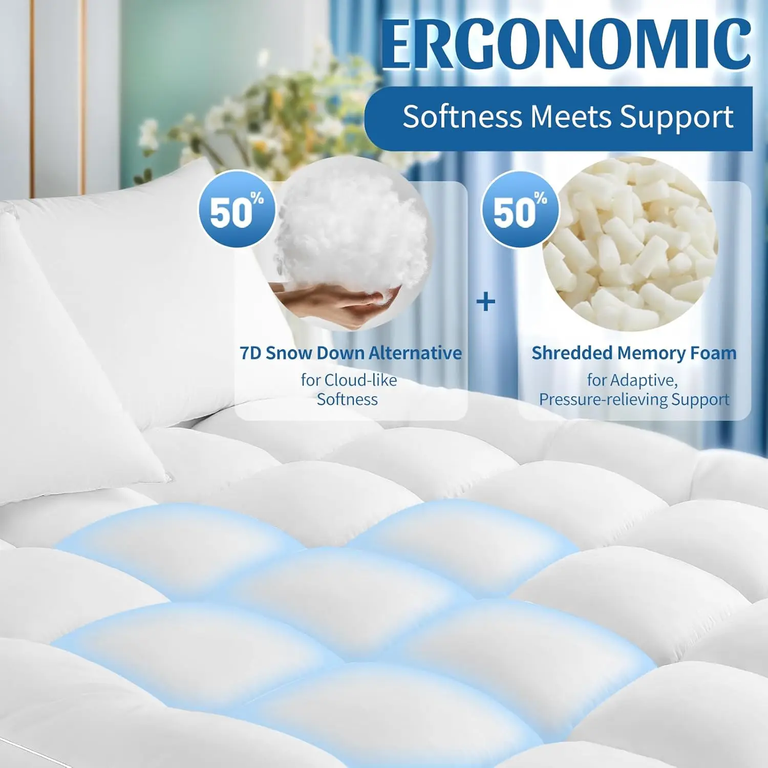 

Baauye 3 Inch Memory Foam Mattress Topper Queen Size, Soft Ergonomic Pillow Top Mattress Topper For Back Pain, Extra Thick