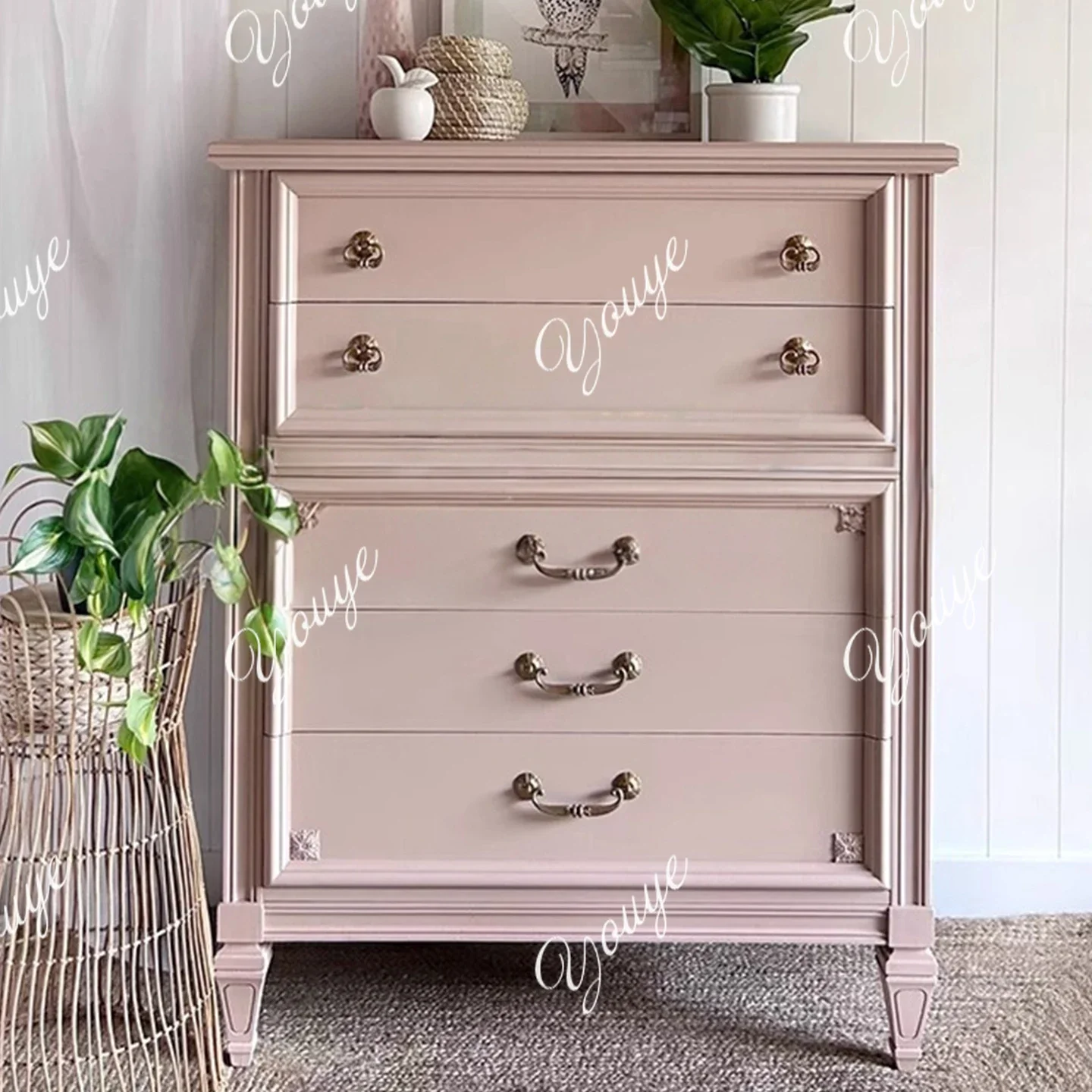 

J French Solid Wood Chest Of Drawers Bedroom Vintage Distressed Storage Cabinet Small Apartment Storage Cabinet Living Room Pink