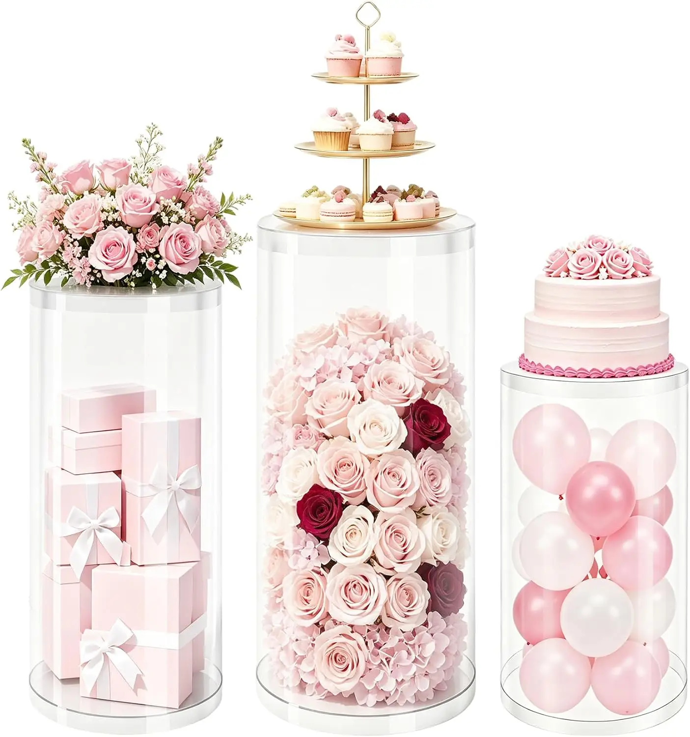 Clear Round Cylinder Pedestal Stands, 3-Piece Set for Weddings, Birthdays, Bridal and Baby Showers, Parties, 23.6, 29.5 and 35.4 Inches