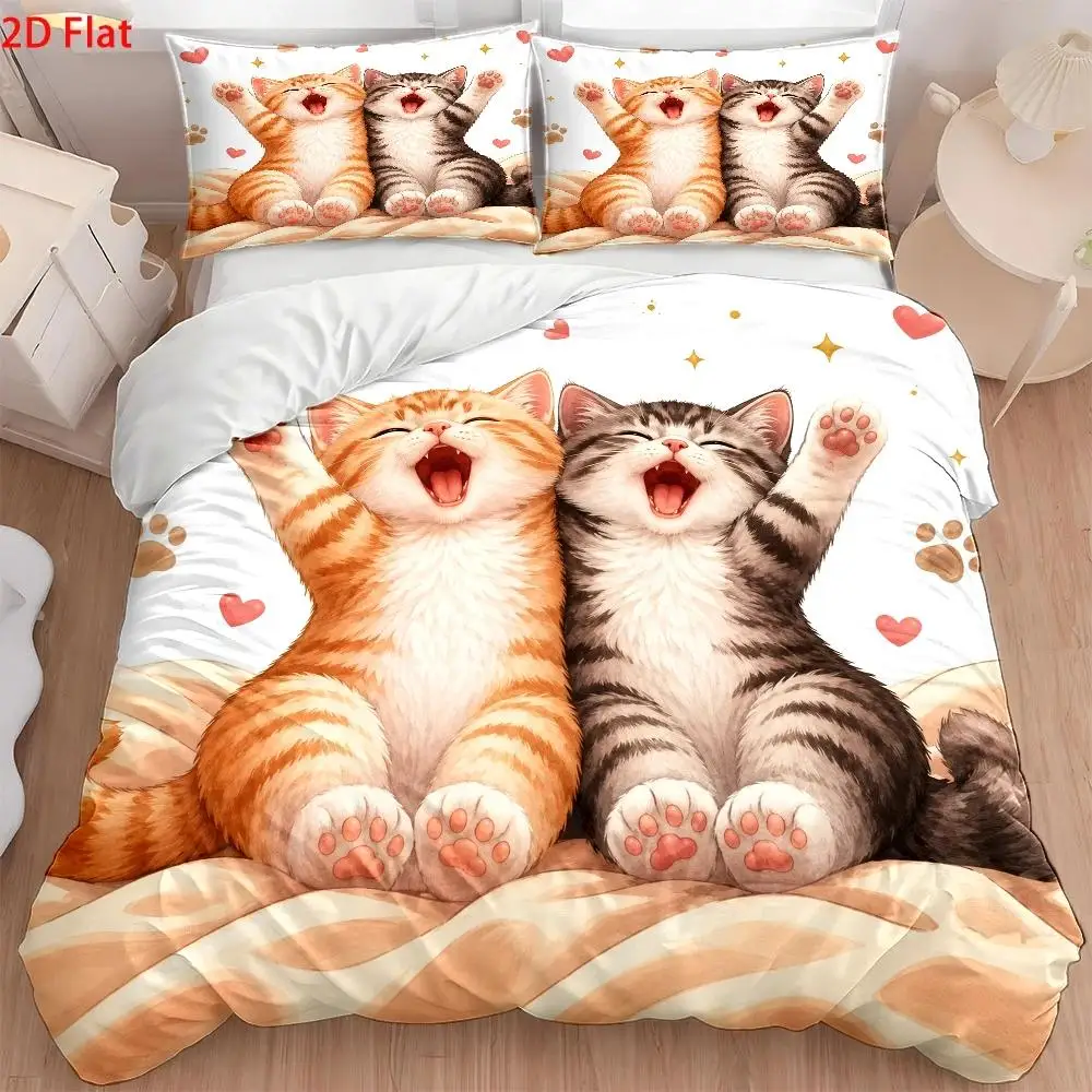 3Pc Cute Cat Print Duvet Cover Set, Three-Piece Bedding Set (1*Duvet Cover + 2*Pillowcases), Skin-Friendly Breathable Polyester Woven Bedding, Nordic Style Double Bedding, Soft and Comfortable All-Season Bedspread, Invisible Zipper Anti-Wrinkle Easy-Clean Bed Cover, Cozy Home Bedroom Decor Set, Machine Washable Durable Student Dormitory Bedding, Modern Minimalist Light Luxury Bedding Set, Large Duvet Cover Set for Home Master Bedroom and Guest Room, Quilted