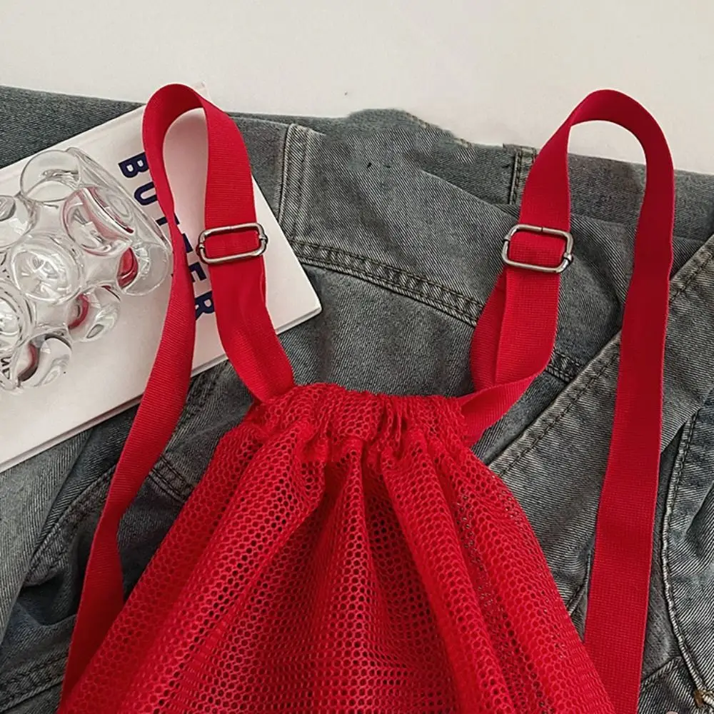 Cute Korean Style Drawstring Backpack Portable Hollow Nylon Backpack Large Capacity Solid Color Mesh Beach Bag Travel
