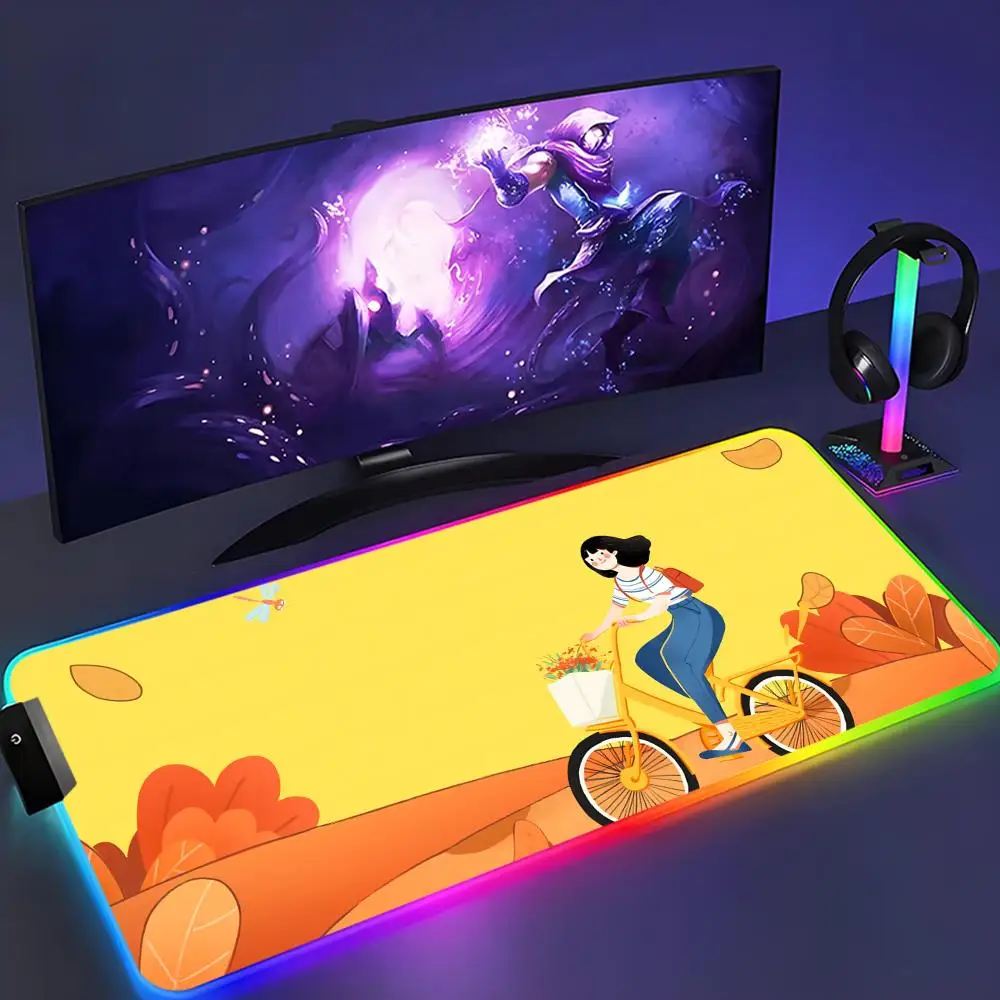 

Anime bicycle girl Mouse Pad XXL RGB Mouse Pad Kawaii Gaming Accessories Computer keyboard Large Led Desk Mat Backlight Mousepad