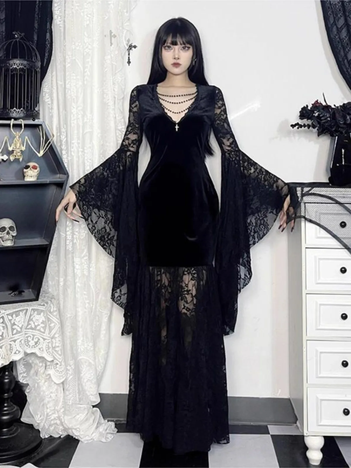 loween k Witch Sle Lace Dr Donna 2025 Nuovo abito a vita alta Bla Ele Gonna lunga Bell Sve V Ne Abbigliamento quotidiano