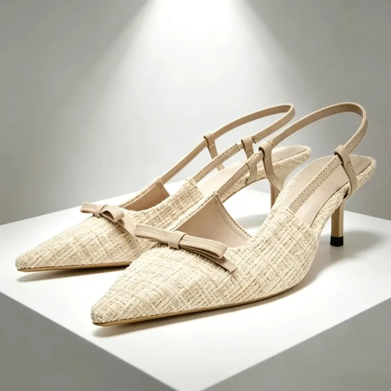 Elegant Bowknot Decoration Kitten Heel Pumps Women Sexy Pointed Toe Backless Designer Sandals Luxury Wedding Party Dress Shoes