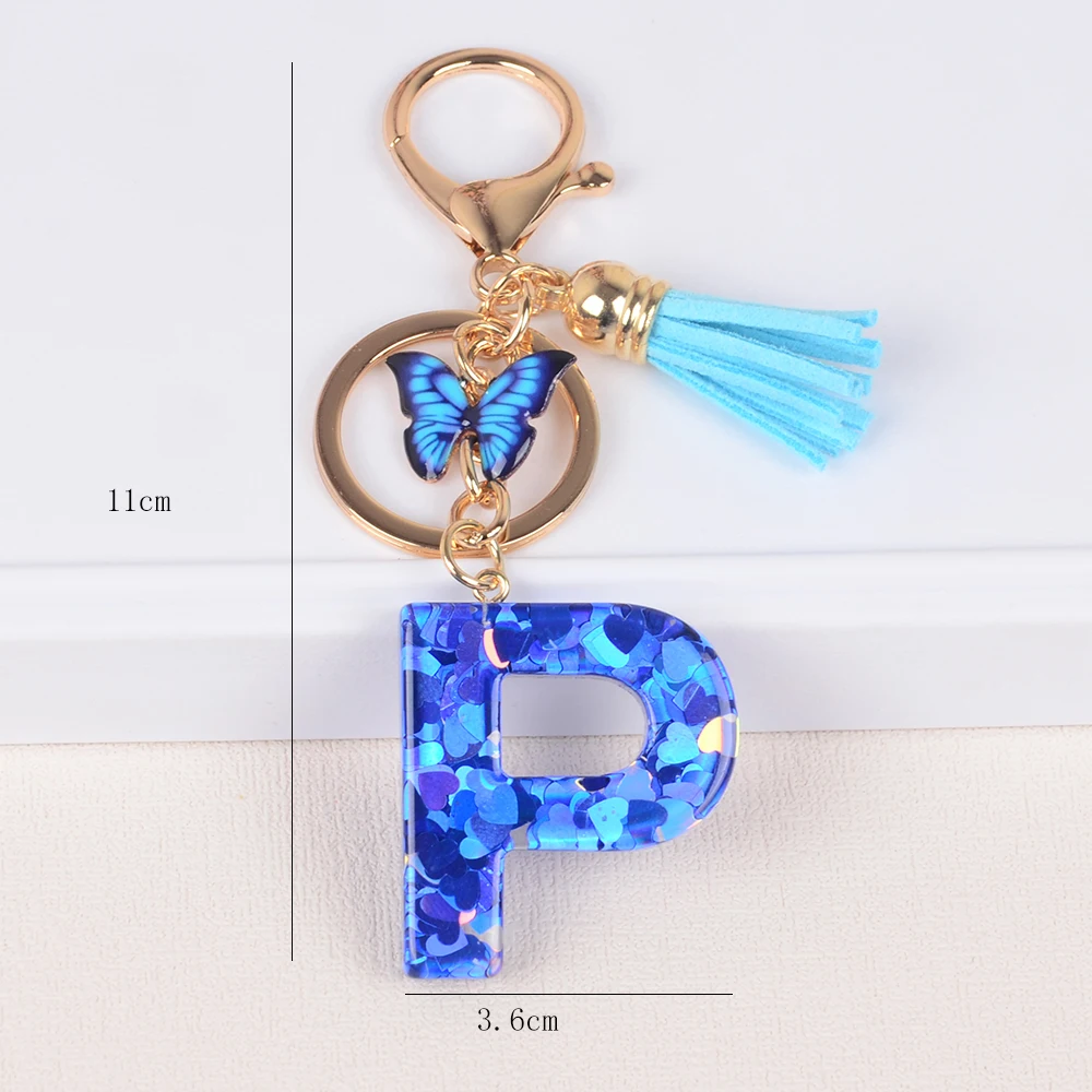 Resin English Letter Keychain With Blue Butterfly Pendant Tassel Charms Glitter Sequins love Filled 26 Initials Key Rings