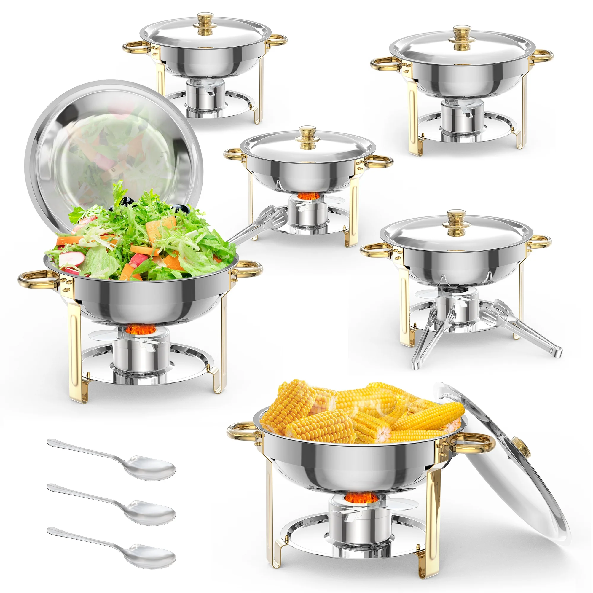 Chafing Dishes for Buffet 2/4/6Pack, 5QT Round Chafing Dishes for Buffet, Stainless Steel Chafing Dish Buffet Set with Spoon and Tweezers for Any Party