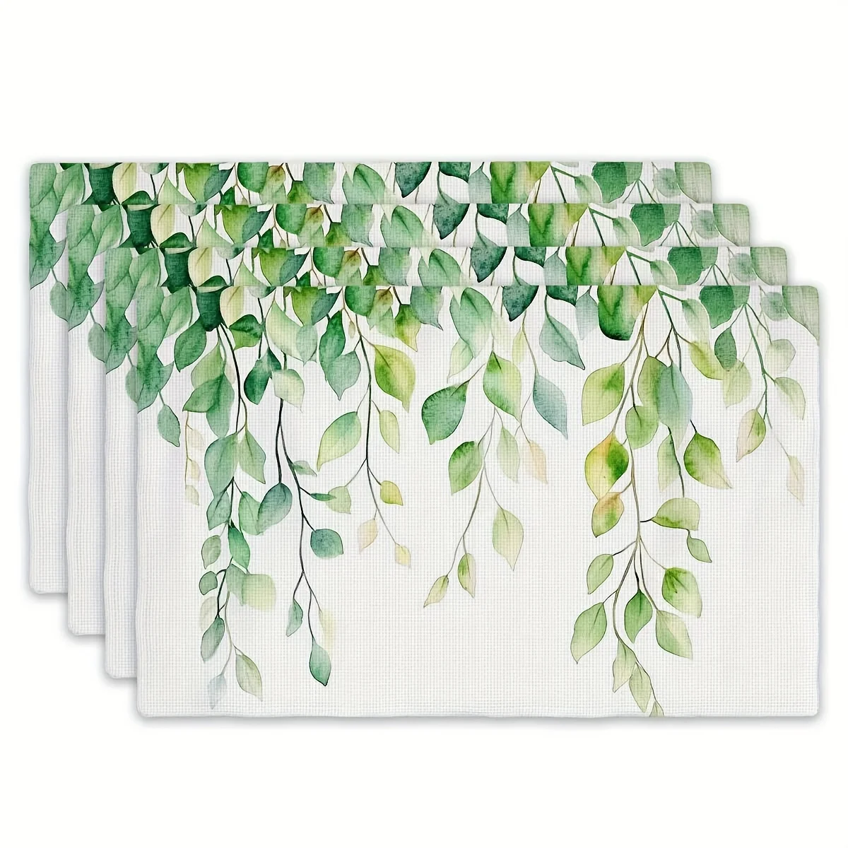 

4pcs Set of Placemats - Fresh Green Leaves Vine Pattern Rectangular Kitchen Table Mats (12 inches x 18 inches), Suitable for Hol