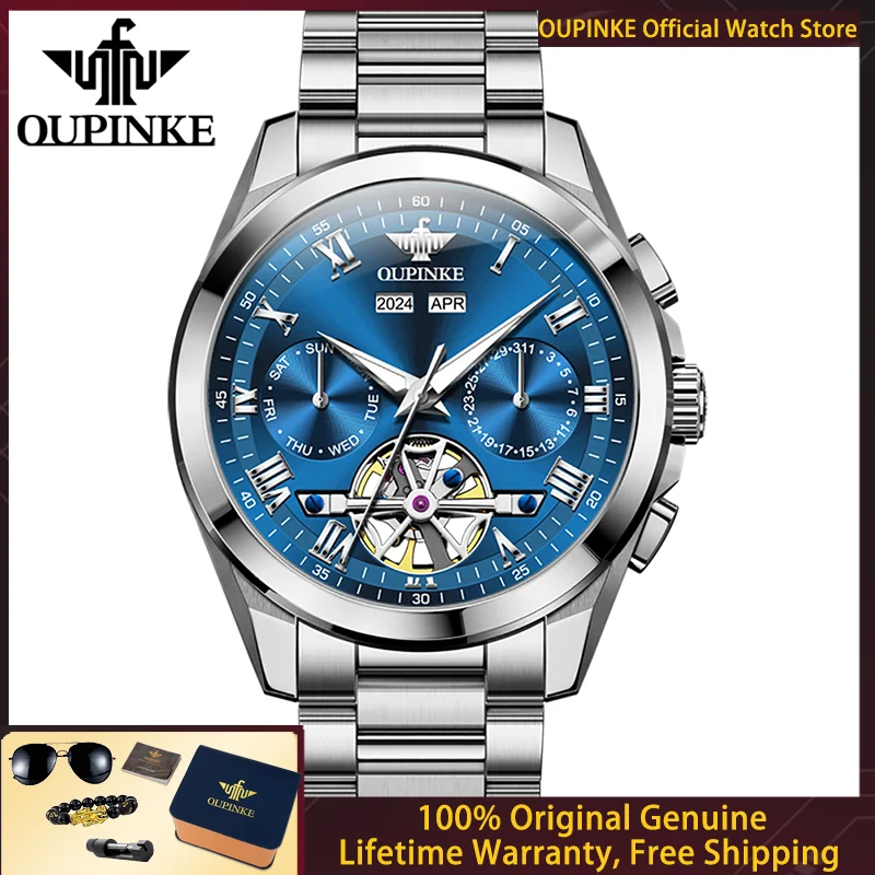 

Мужские часы OUPINKE: роскошные автоматические механические часы с полым циферблатом, многофункциональные, с календарем и индикатором запаса хода, модель 3281