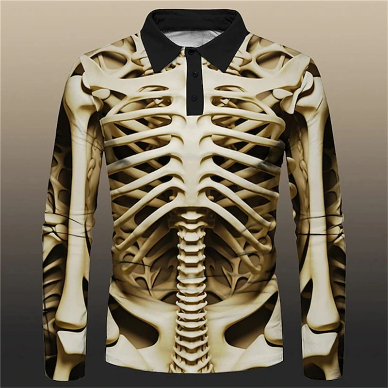 Newest 3D Print Skeleton Skulls Pattern Polo T Shirt Man Long Sleeve Fashion Polo Shirt Breathable Streetwear Shirts Ropa Hombre