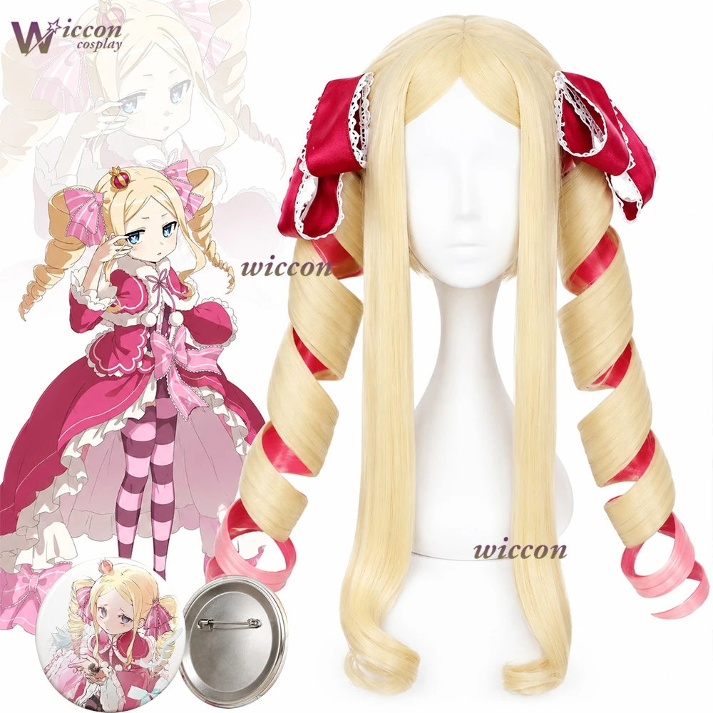 YNot Cos Re: Life A Different World From Zero Beatrice Rosa-Mischblond Lockige Synthetikhaar-Cosplay-Anime-Perücken + Gratis Perückenkappe