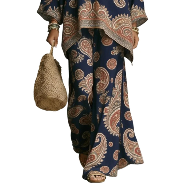 Yeezzi Damen-Hose im Boho-Stil mit Paisley-Print, weites Bein, passende Hose, Vintage-Stil, Marineblau, hohe Taille, lockere, ethnische Palazzo-Hose für den Urlaub – Detail 6