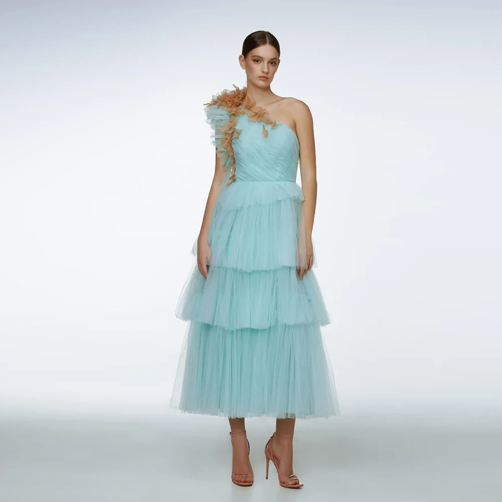 Elegant Ice Blue Latered Tulle Women Dresses Floral One Shoulder Tutu Ankle Length Wedding Guest Maxi Dress Party Dress