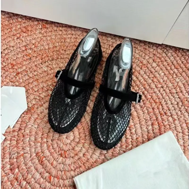 Designer Brand Original Mesh Rhinestone Mary Jane Genuine Leather Round Toe Flat Ballet Shoes Suede Sandals