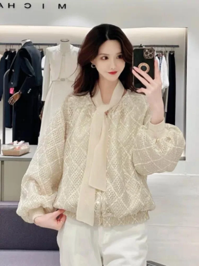 

Модная короткая куртка в корейском стиле с обильной отделкой, съемными пайетками, женская повседневная свободная верхняя одежда с длинными рукавами