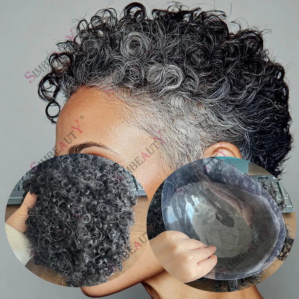 حقن غير قابل للاكتشاف 0.1 مللي متر قاعدة PU الأفرو 15 مللي متر مجعد 1B10 شعر رمادي اصطناعي رخيصة شعر بشري مجعد الرجال الشعر المستعار شعري طبيعي #1