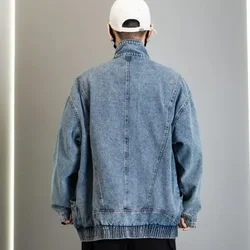Denim Jacket Men's Spring Autumn New Loose Design Sense of Standing Collar American Vintage Male Women's Cargo Couple Coat 2023