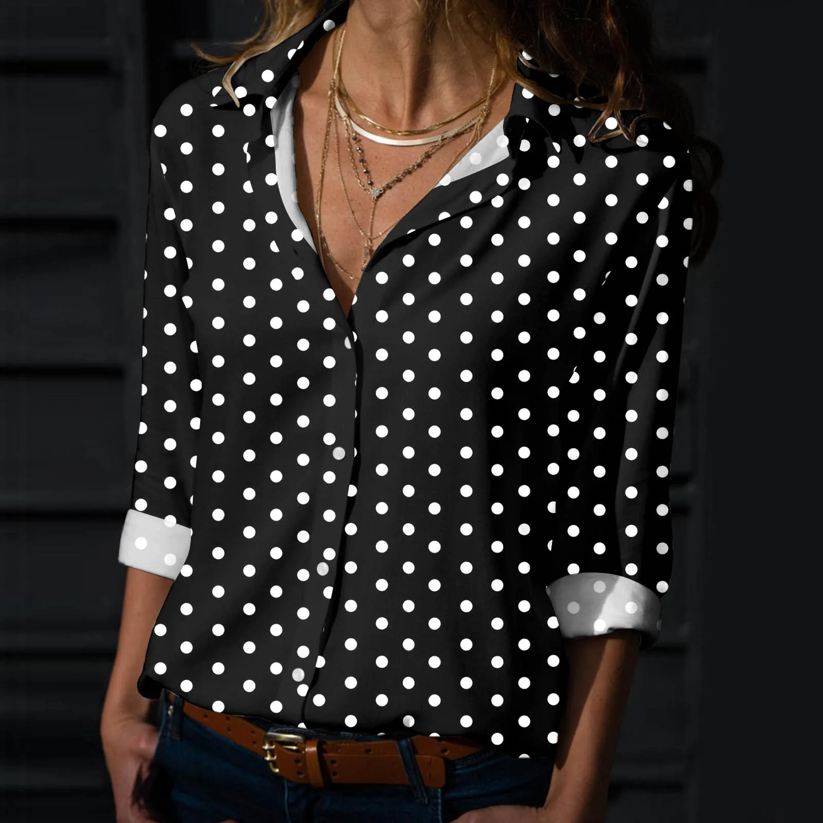 

2024 New Polka Dot Print Blouse Women Casual V Neck Long Sleeve Shirt Clothes Solid Blouse Ladies Office Work Shirt Tops