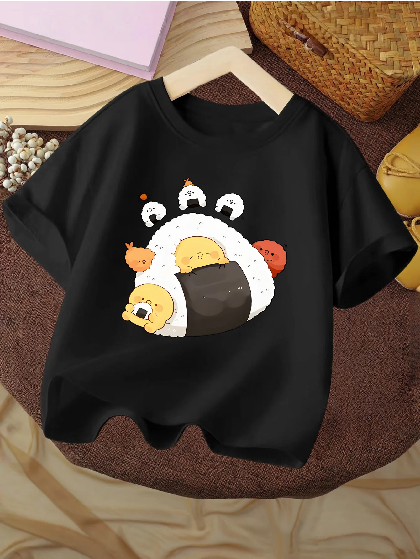 Lovely Onigiri Little Chicken Cartoon Asian Snack Art Print Kids T Shirt Boys Girls Family Matching Summer Crew Neck Casual Tee