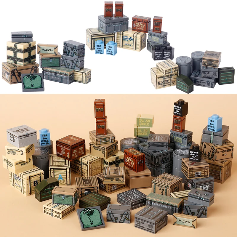 MOC 군사 인쇄 부품 빌딩 블록, 군인 재료 패키지, 탄약 상자, 독일 소련 영국 무기, 미니 브릭 장난감