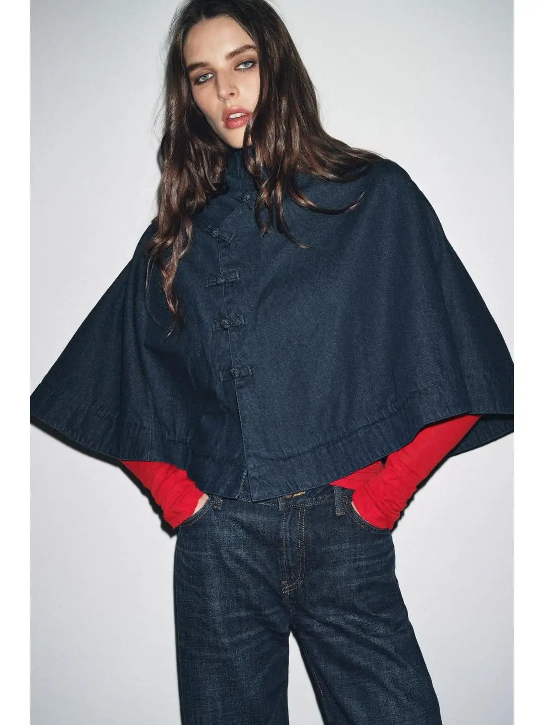 Faionable Loose High Collar Denim Rope Knot Decorated Cowl Ne Coat Autumn Winter Cleanfit Sle Women's Long Sve irt