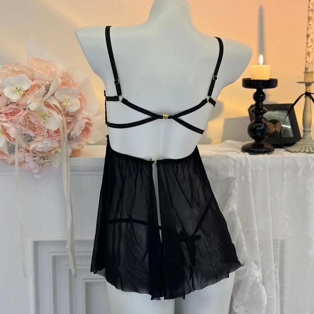 Fashion Bowknot Lace Nightgown Transparent Hollow Camisole Nightwear Sweet Women Lingerie Mesh Nightdress Gifts