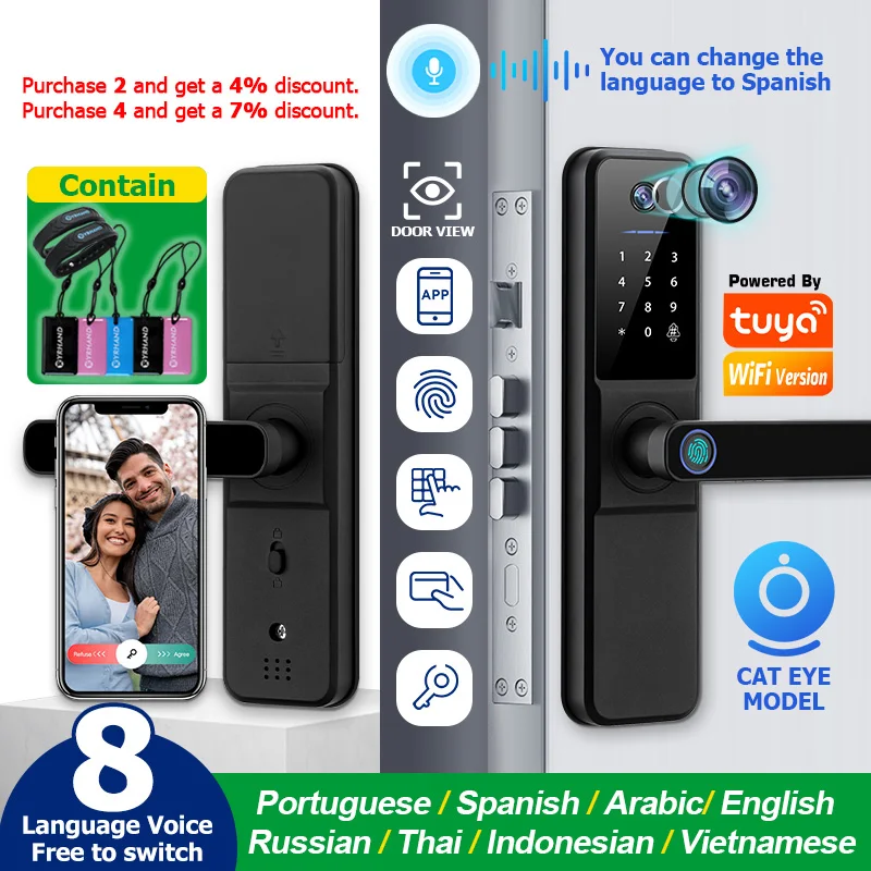 

YRHAND Tuya Wifi fechadura eletronica digital Smart Door Lock With Biometric Camera Fingerprint Smart Card Password For home