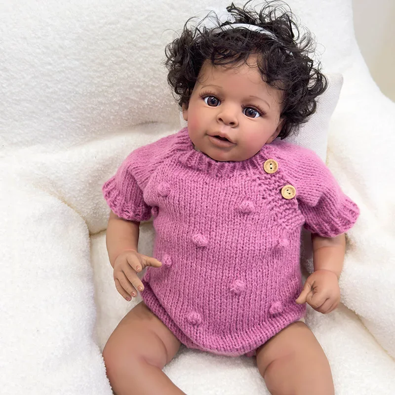 60cm Jaylan in Dark Brown Skin Color Soft Body Reborn Toddler African American Cuddly Baby Girl Doll Hand-rooted Hair