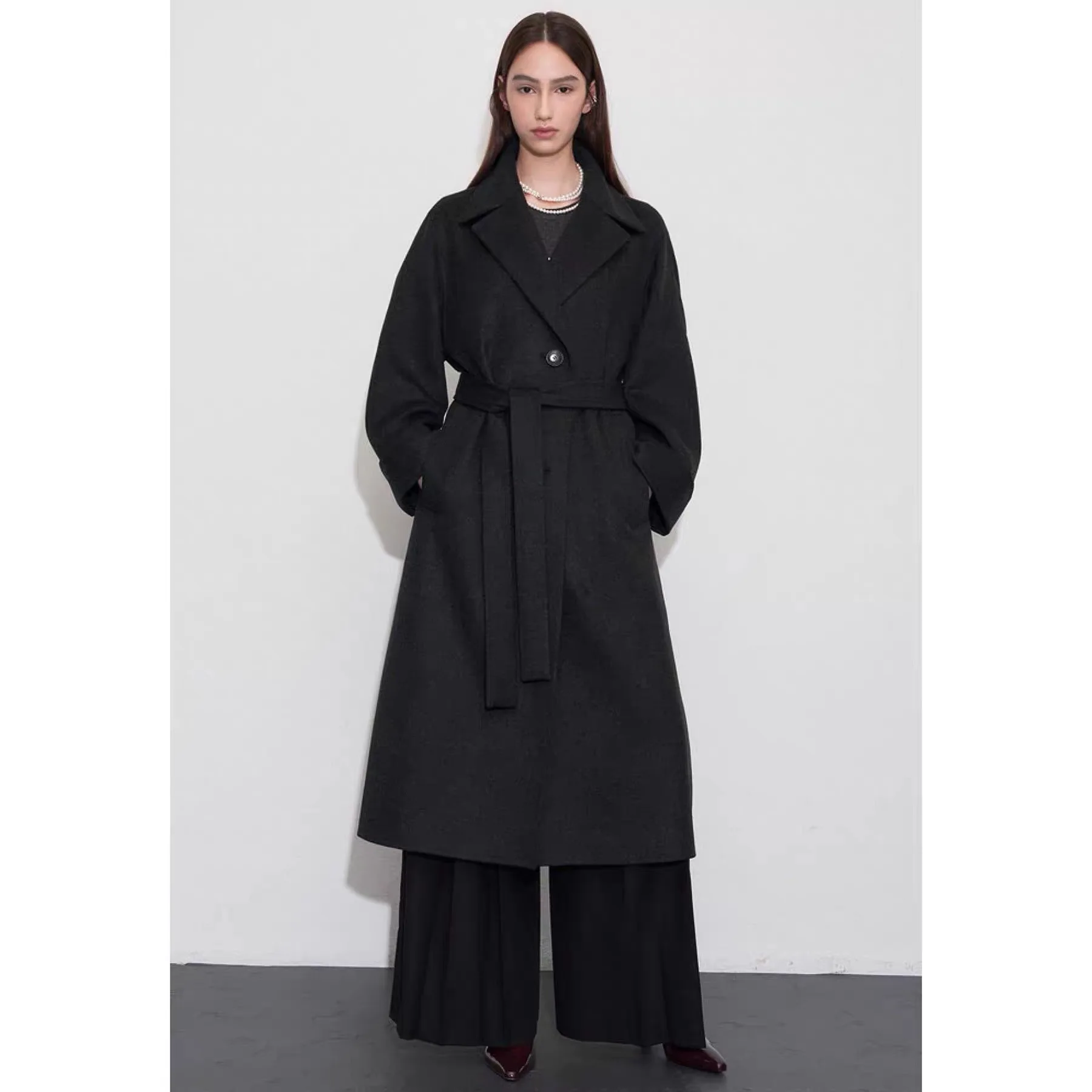 

Long Double-Sided Hand-Stitched Camere Coat with Large Collar And Belt Slimming Versatile Lemon Cheese Sle Commute Wear