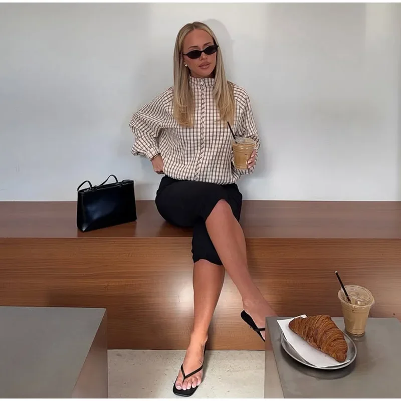 Damenjacken Karierte Reißverschluss-Dünnmäntel Herbst Damen Stehkragen Langarm Paneelen-Verzierte Lose Jacke Modische Damen Neue Oberbekleidung – Detail 11