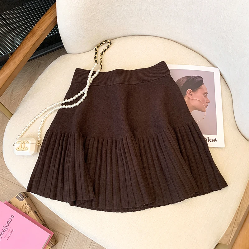 Autumn Pleated Women Mini Skirts Korean Sweet Knitted Slim Female Skirts New Preppy Style Elastic Waist Ladies Casual Skirt