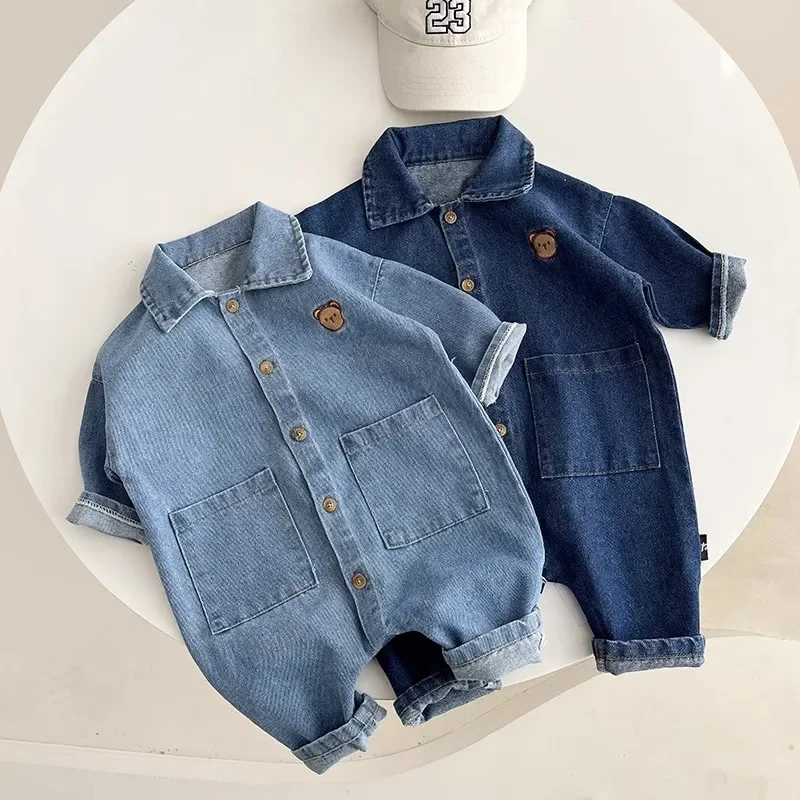 2026 Spring New Korean Kids Overalls Denim Girls Clothes Autumn Boys Jumpsuits Loose Style Girls Playsuit