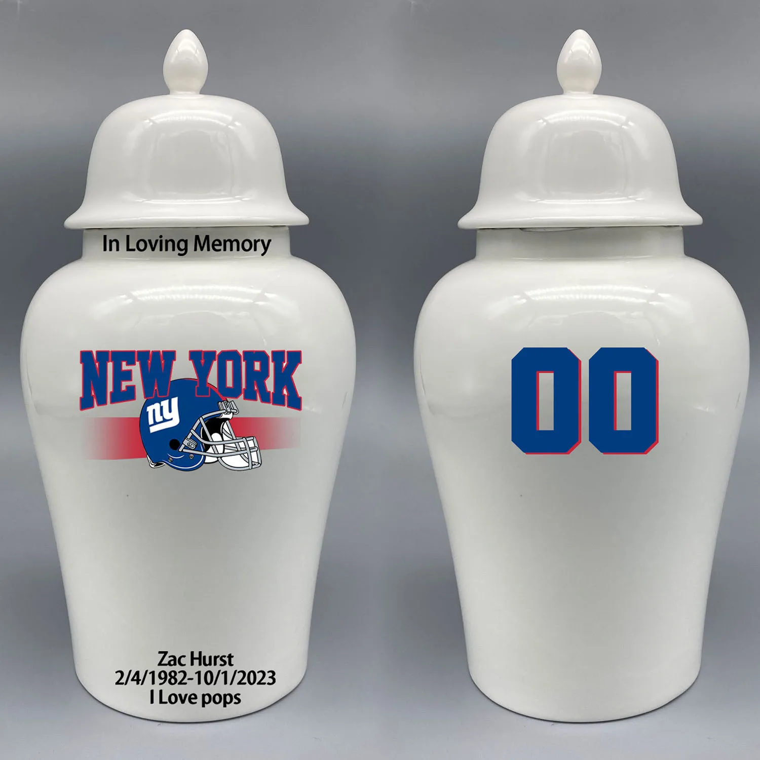 Large Urn for New York Giants-themed Logo Urn.Please send me the customize information-name/date and number on the urn