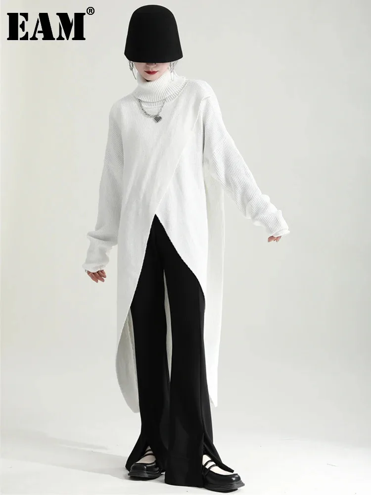 [EAM] Women White Irregular Slit Long Knitting Big Size Dress New Turtleneck Long Sleeve Fashion Tide Spring Autumn 2024 1DH0317