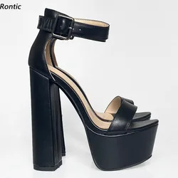 Rontic Handmade Women Platform Sandals Buckle Strap Chunky Heels Open Toe Pretty Black Dress Shoes Ladies US Size 5-13