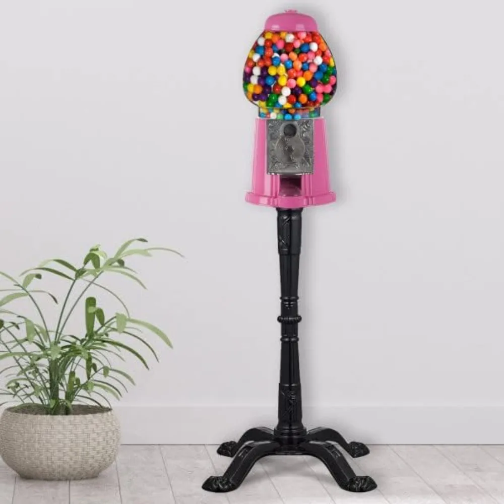 Popcorn Gumball Machine with Stand - 1920s-Style Nostalgic Decor Candy Dispenser - Coin-Operated Candy Vending Machine (Pink)