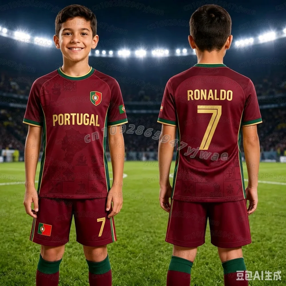 26 Sommer Jungen Ronaldo Nr. 7 Fußballtrikot T-Shirt Shorts Set Damen Herren PORTUGAL Fan-Shirt Shorts Set Kinder Trainingsanzug 2-teiliges Set – Detail 12
