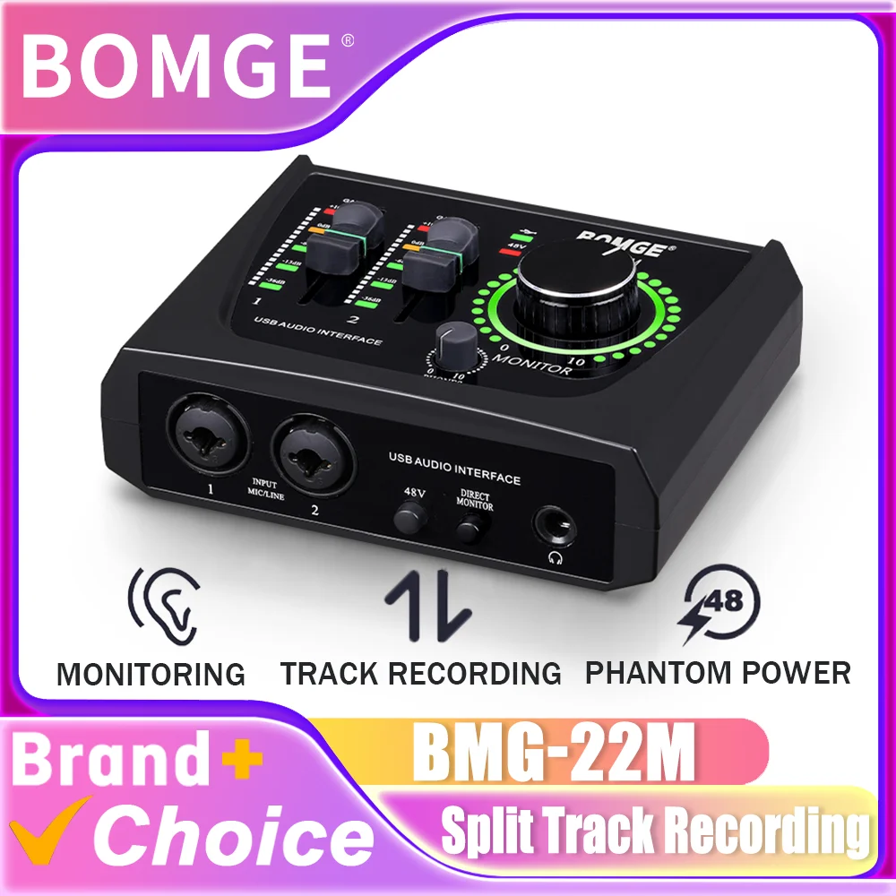 BOMGE 22M Mini 2 قناة USB واجهة الصوت مع XLR 6.35mm 48V الطاقة الوهمية للتسجيل والبث والبودكاست والمغنيين #1