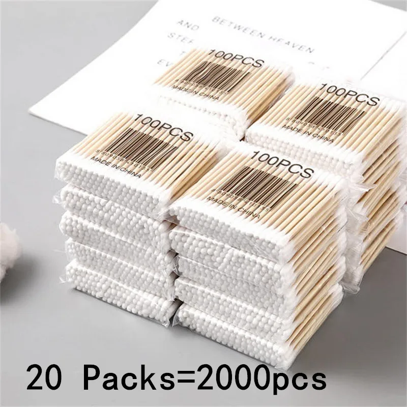 أعواد قطنية برأس مزدوج للنساء، طرف أعواد قطنية للمكياج، أعواد خشبية، تنظيف آذان الأنف، أدوات الرعاية الصحية، 100/500/2000 قطعة