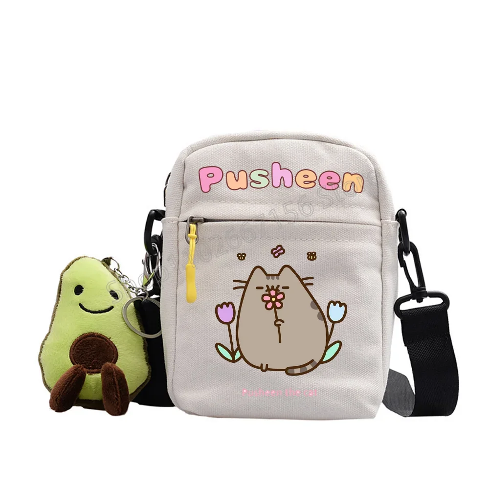 Pusheen Girls Square Packs Diagonal Cross Bags Cartoon Anime Figures Fat Cats White Shoulder Cross-body Casual Canvas Handbags