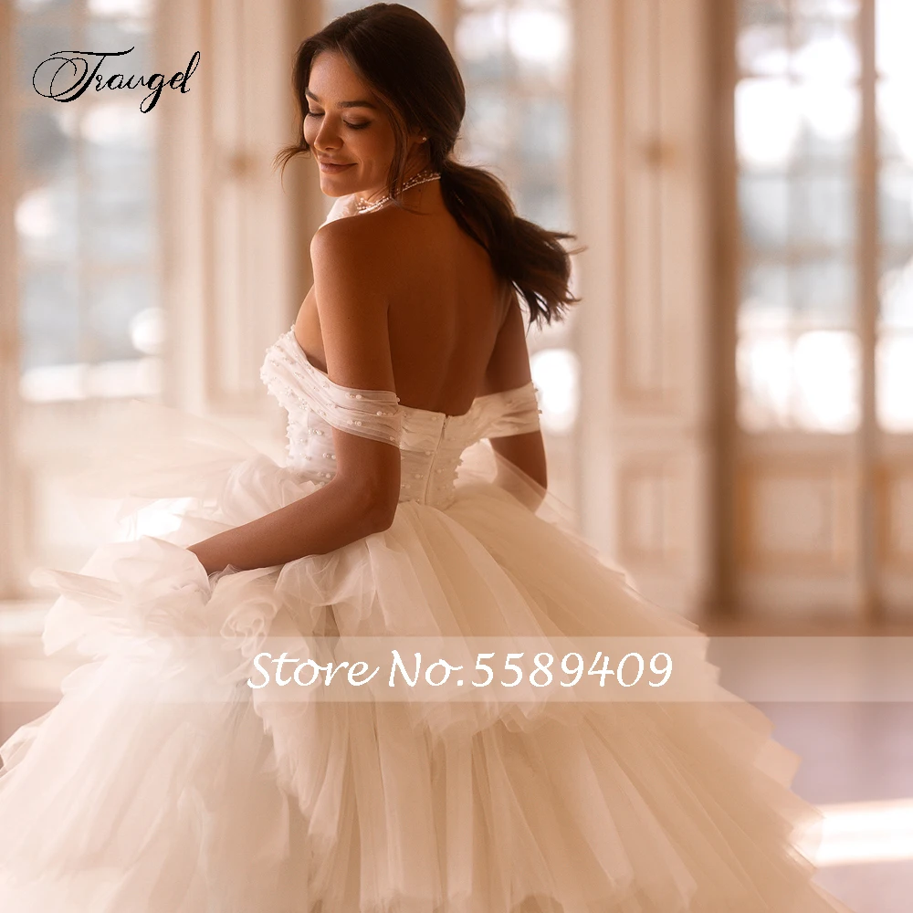 Traugel Elegant Boat Neck Backless Beaded Tiered Wedding Dresses Luxury Pleat Court Train A Line Tulle Bridal Gown