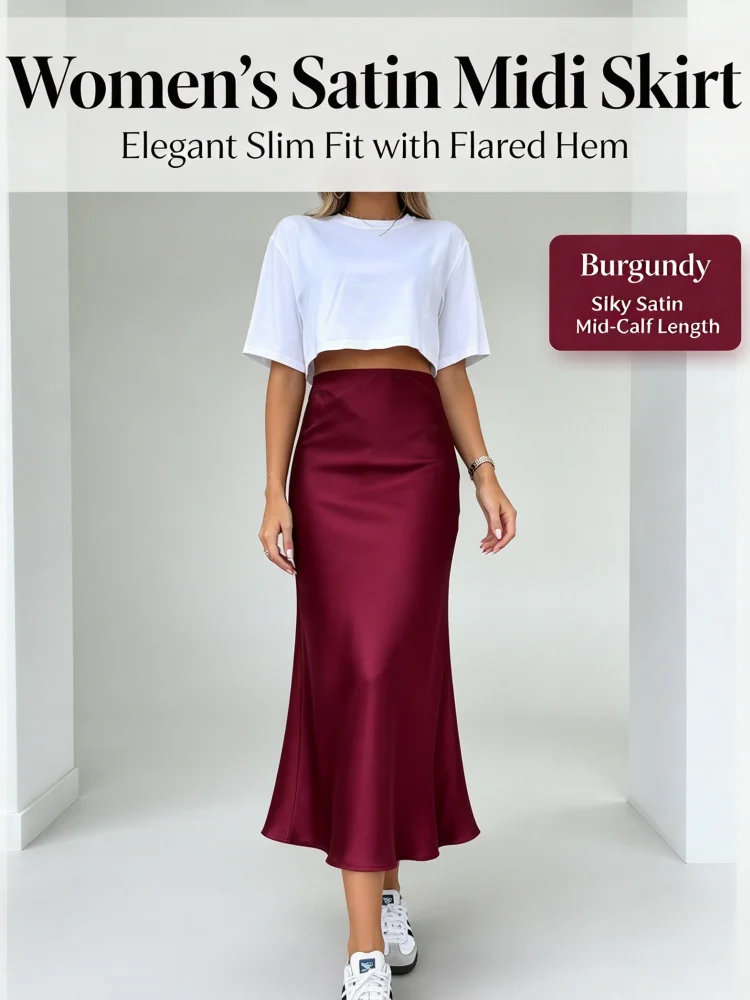 Damen Satin-Midirock, hohe Taille, schmale Passform, burgunderrot, weinrot, seidenartiger Satinrock, elegant, lässig, für Büro und Party – Detail 2