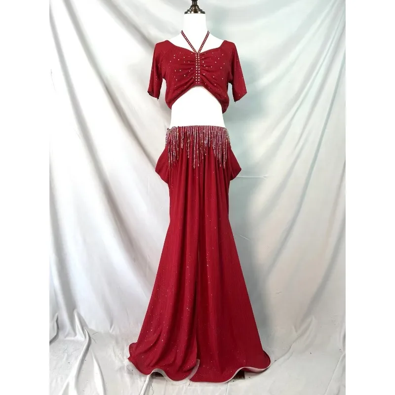 Maßgeschneidertes Bauchtanz-Kostüm, Übungs-Outfit mit sichtbaren Hüften, Diamantkette, Quaste, östliche Tanzkostüme, Klassenuniform