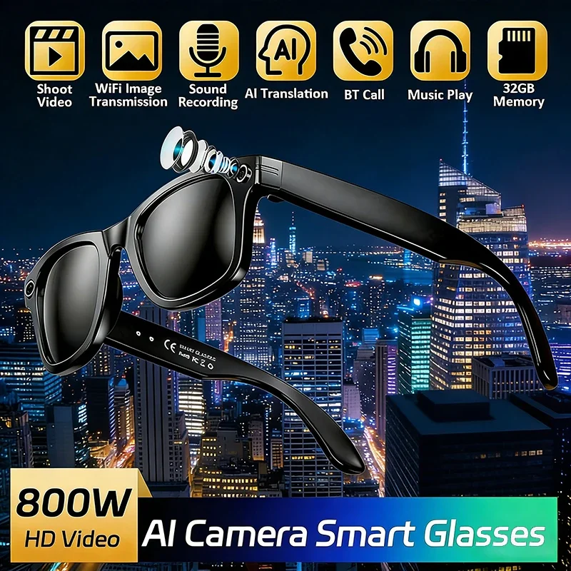 

Умные очки с камерой 800W и ИИ для мужчин: очки для перевода с функцией фото- и видеозаписи, водонепроницаемые, с функцией звонков, умные солнцезащитные очки