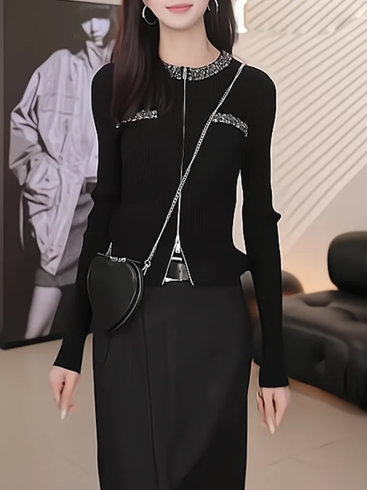 

Модный короткий вязаный кардиган для женщин, приталенный, черный, из вельвета с защитой от пятен, с длинными рукавами, круглым вырезом и молнией