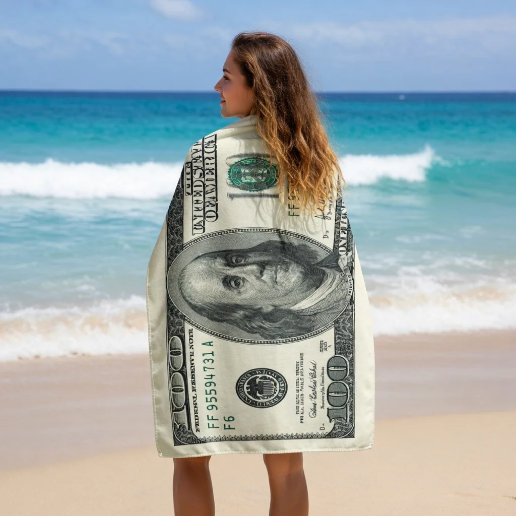Luxury Money Print Beach Towel Flat Print 100 Dollar Bill Bath Towel for Adults Summer Outdoor Pool Party Workout Gym Mat