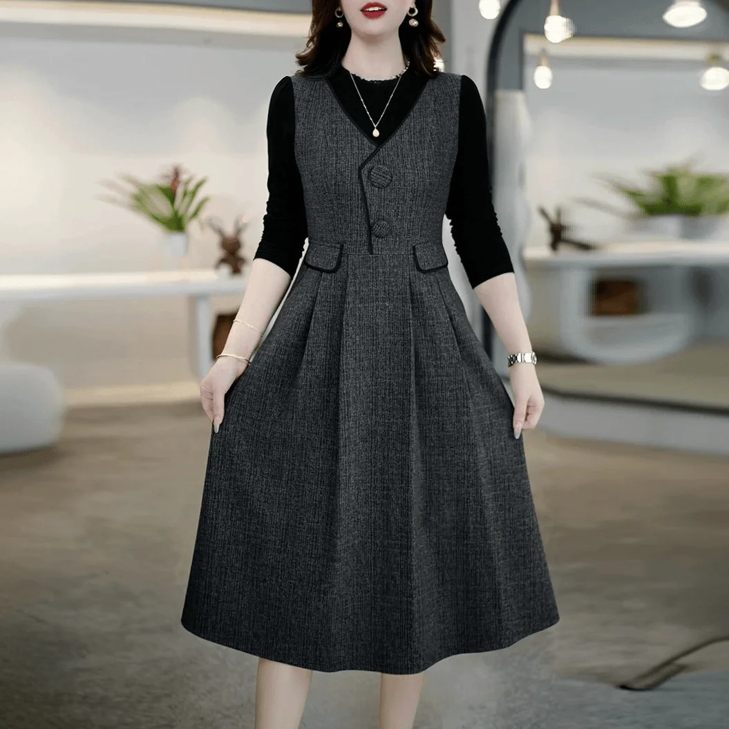 Stylish Splicing Fake Two Slimming Long Sleeved O_neck Dress for Women\'s Spring Autumn Medium Length Age Reducing Elegance Skirt